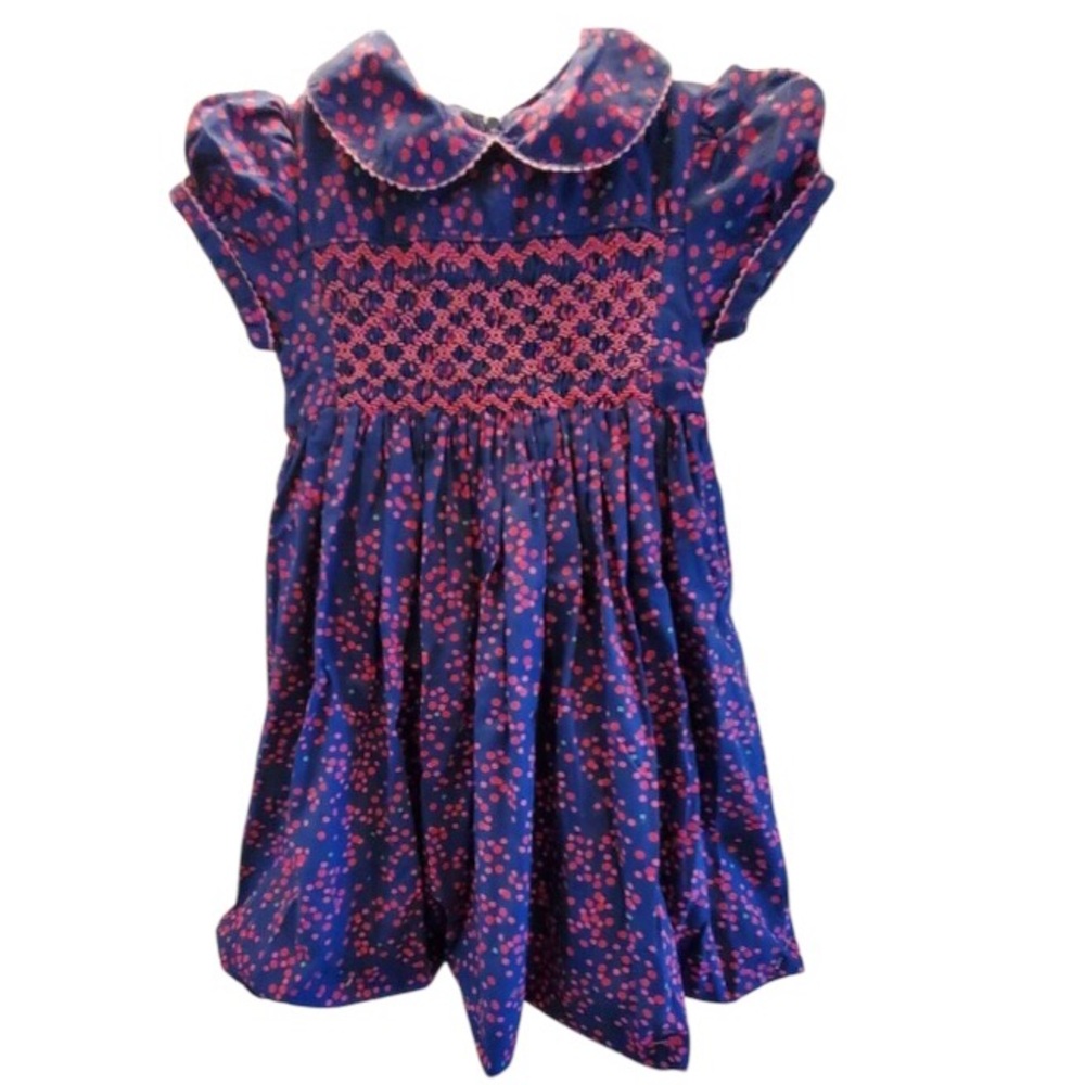 Lilly Pulitzer Girls Navy Blue & Hot Pink Smocked Lace Short Sleeve Dress Sz 2T